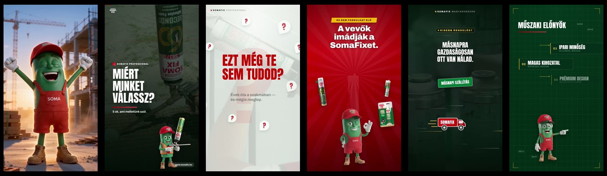 Hat SomaFix reklámanimáció nyitóképe egymás mellett, mindegyiken a SOMA kabalafigurával